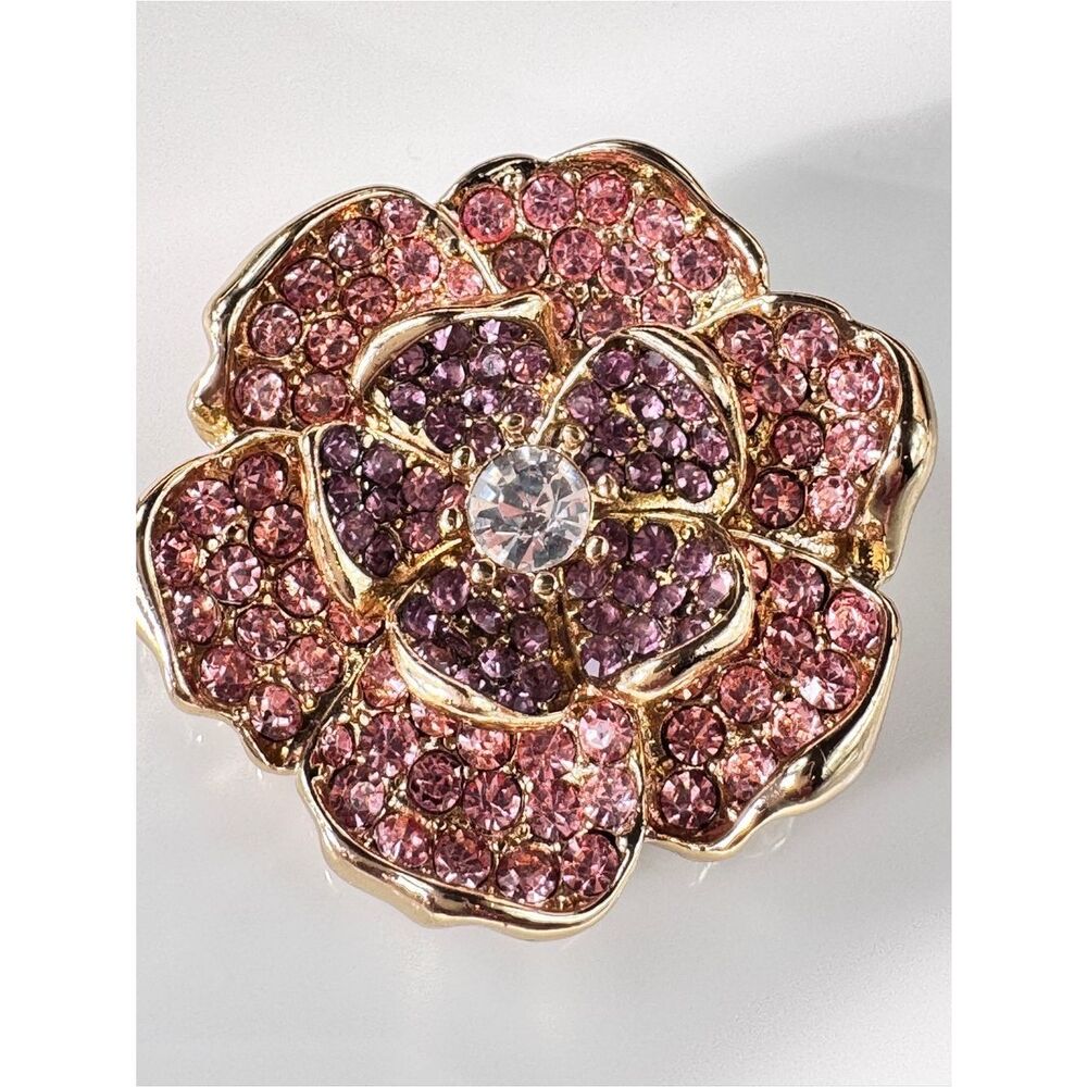 Gold-Tone Pink Crystal Flower Brooch - Sparkling Floral Brooch